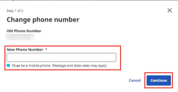 In the image, the New Phone Number field displays at center. The Continue button displays at bottom right.